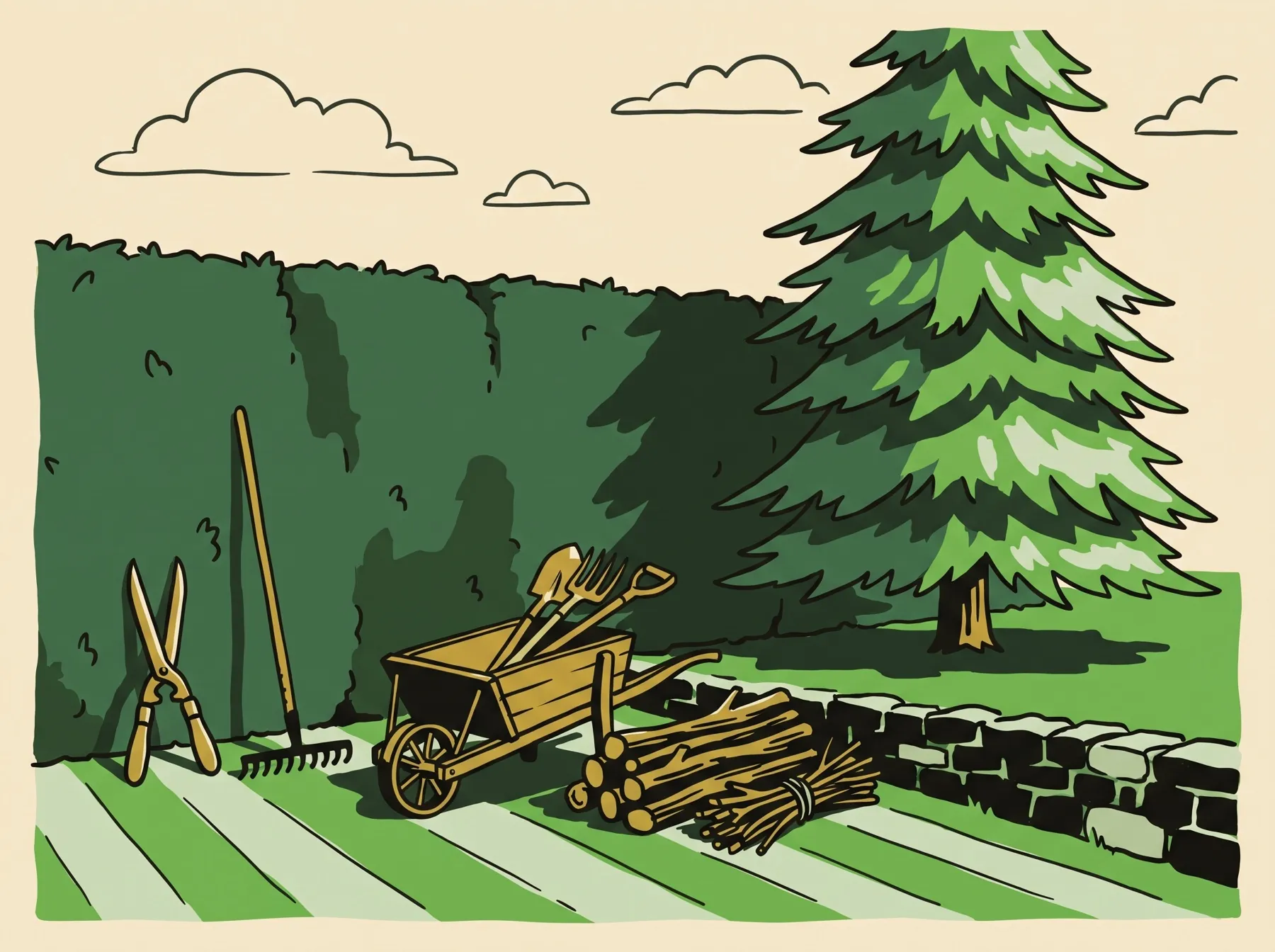 Illustration of a clipped hedge, a full spruce tree, a striped mown lawn, a wheelbarrow, shears and stacked logs.